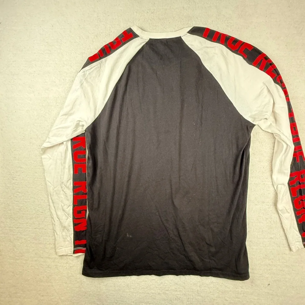 True Religion Mens Large Black White Red Raglan Long Sleeve Logo Graphic T-Shirt